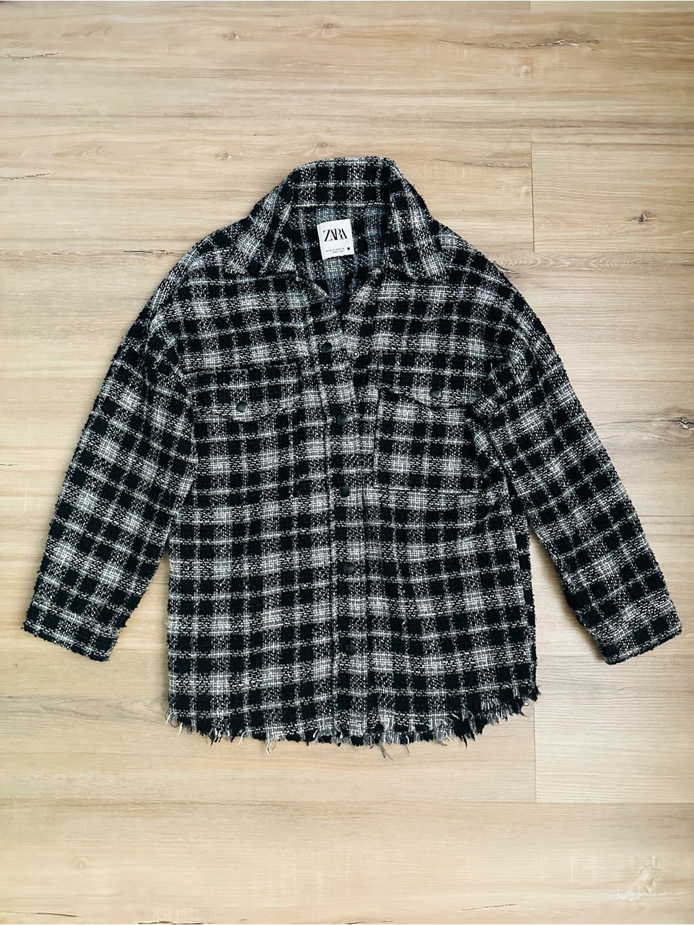Zara Black & White Plaid Tweed Oversized Shacket – XS